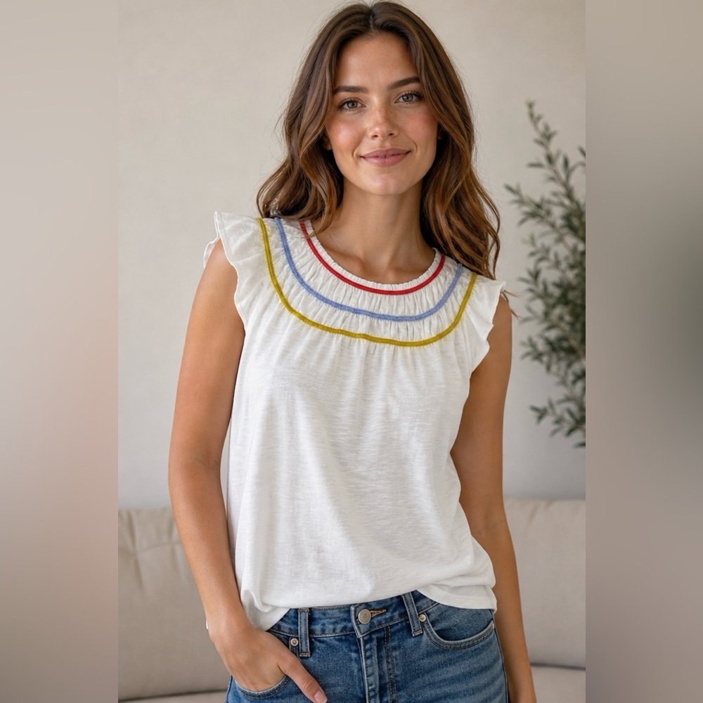 NWOT THML White Ruffled Tank with Multicolor Embroidered Neckline